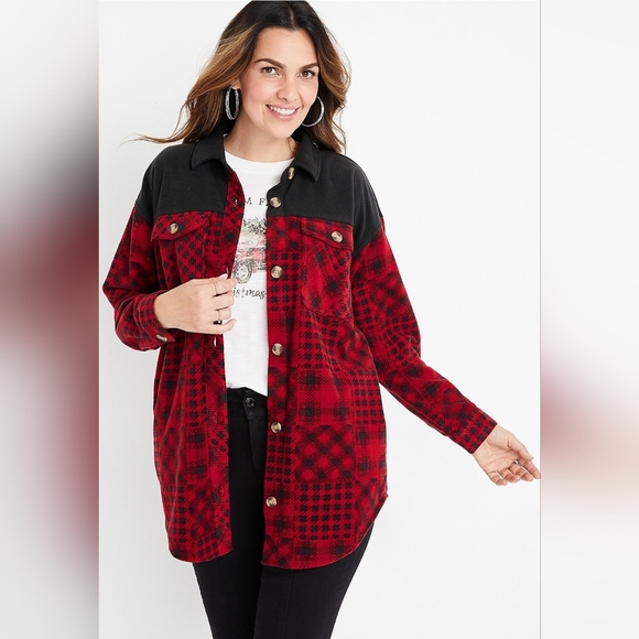 Maurices Red Patchwork Fleece Shacket, Size M - Picture 1 of 8